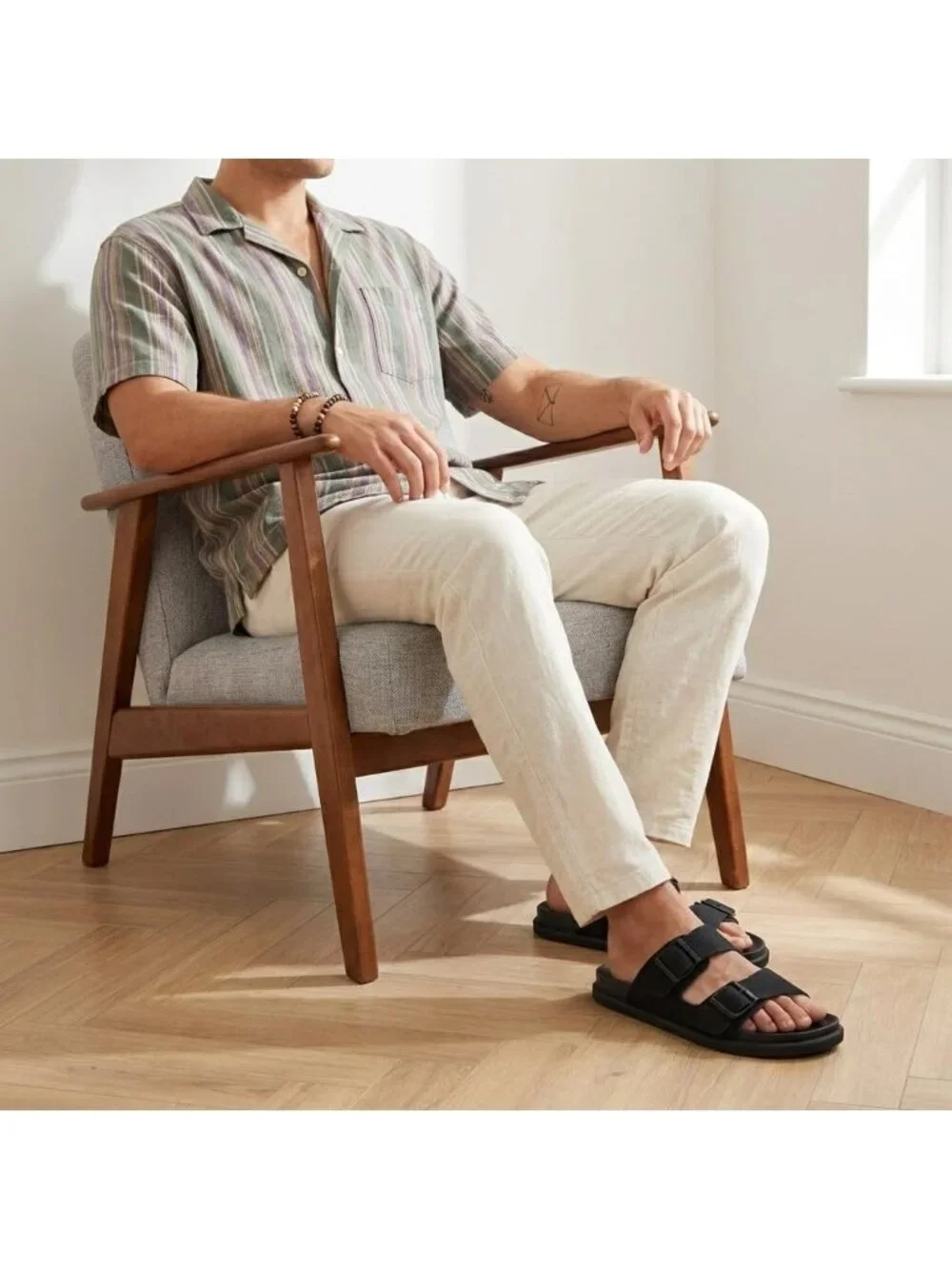 Men's Black Alpha Leather Sandals Casual Slip On Flat Adjustable Buckles